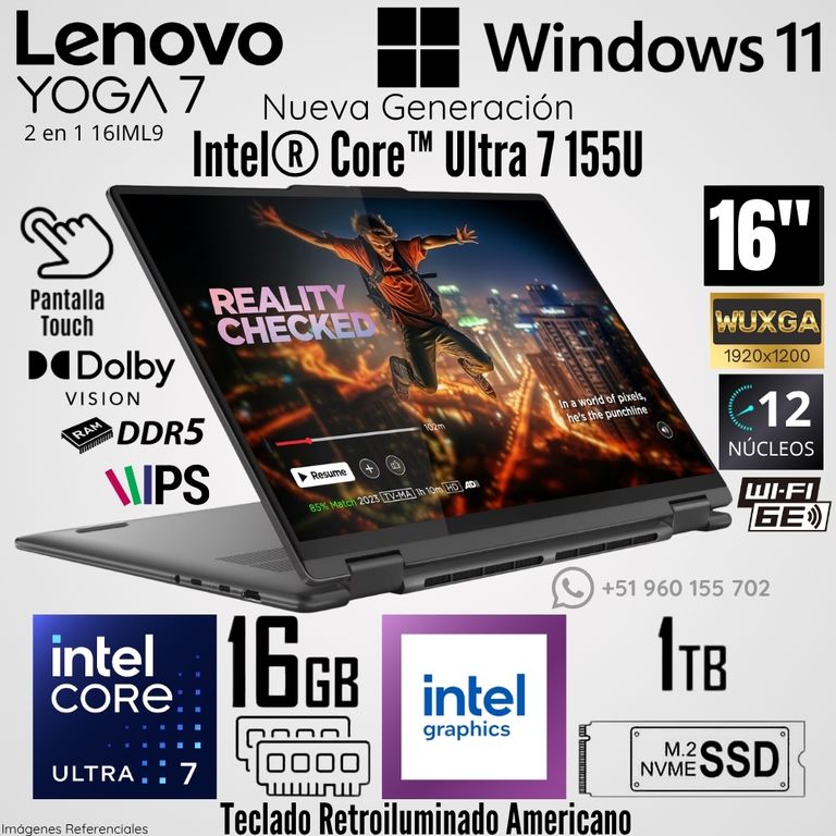 Laptop Yoga 7 2 en 1 16IML9 Intel Core Ultra 7 155U 16 GB DDR5 RAM 1TB SSD 16" WUXGA Táctil