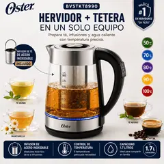 OSTER - Hervidor BVSTKT8990 de Vidrio 1.7 Litros con Infusor para Té y 5 Niveles de Temperatura