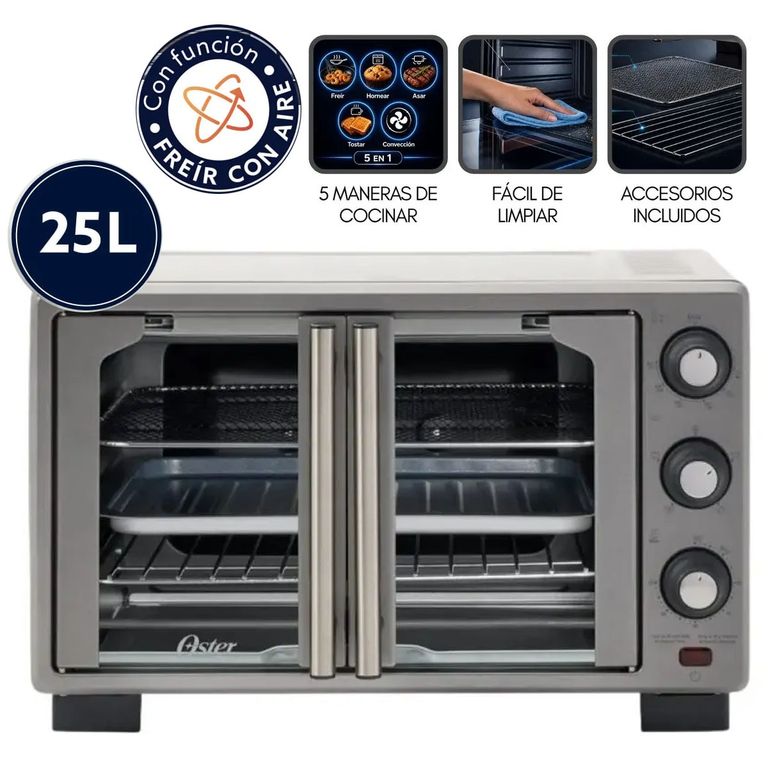 Horno con freidora de aire Oster® de 25 litros, puertas francesas, TSSTTV25FDMAFNS