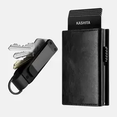 KASHITA - Pack Billetera Hombre Cuero Color Negro Tarjetero Imantado Automático RFID con KeyCase