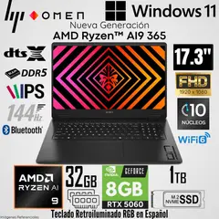 HP - Laptop Gaming OMEN 17-DB1002LA AMD Ryzen AI 9 365 32GB RAM 1TB SSD RTX 5060-8GB 17.3" FHD 144 Hz