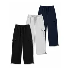 ENKI - PACK X3 PANTALÓN CARGO BAGGY HOMBRE FRANELA ALGODÓN NEGRO GRIS AZUL MARINO CINTURA ELÁSTICA