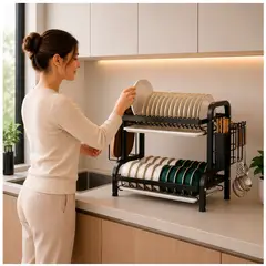 GENERICO - Escurridor de Platos 2 Niveles con Bandeja Organizador de Cocina Porta Cubiertos y Porta Tabla