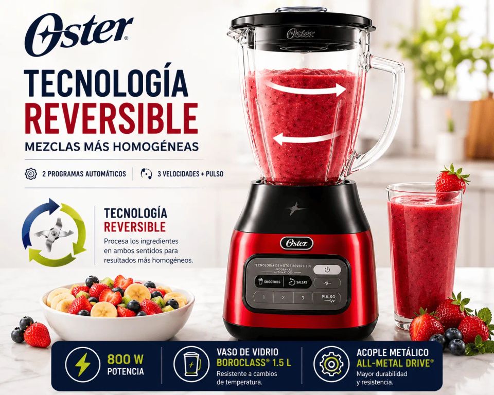 Licuadora BLSTPEG CRT Tecnología Reversible 800W Vaso de Vidrio 1.5L 3 Velocidades Rojo