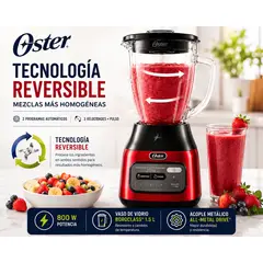 OSTER - Licuadora BLSTPEG CRT Tecnología Reversible 800W Vaso de Vidrio 1.5L 3 Velocidades Rojo