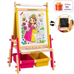 GENERICO - Caballete Niñas 4en1 FucsiaAmarillo Doble Cara Tiza Acrílica Magnética Pintora + Accesorios Regalo