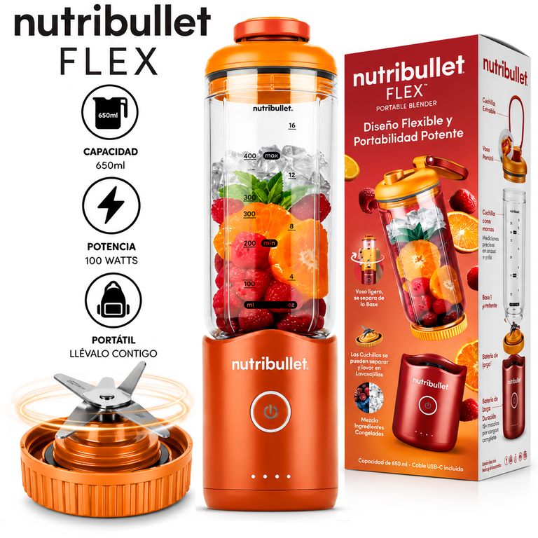 Licuadora Portátil Nutribullet Flex 650 ml para Smoothies y Batidos Naranja