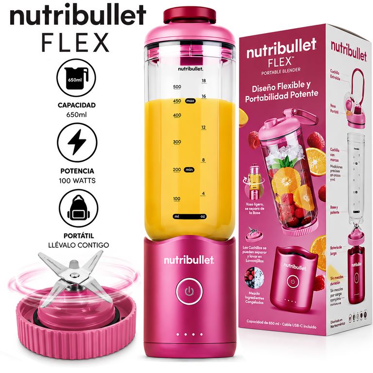 Licuadora Portátil Nutribullet Flex 650 ml para Smoothies y Batidos Fucsia