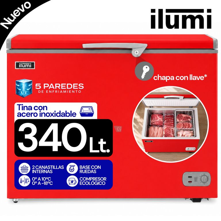 Congelador Horizontal Con Tina De Acero Inoxidable 340Lt Rojo TFI-3400RE