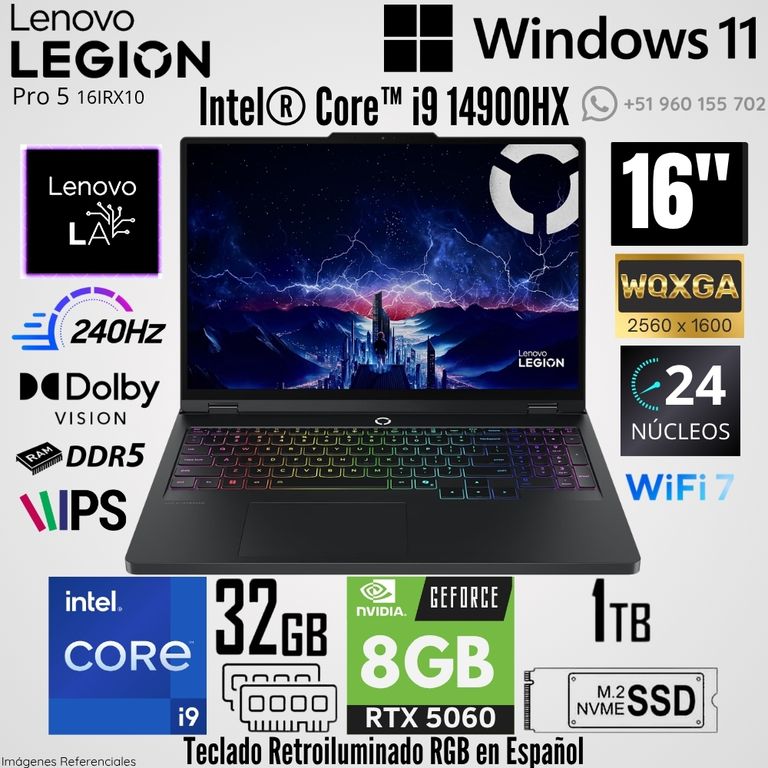 Laptop Legion Pro 5 16IRX10 Intel Core i9-14900HX 32GB RAM 1TB SSD RTX 5060-8GB 16" WQXGA