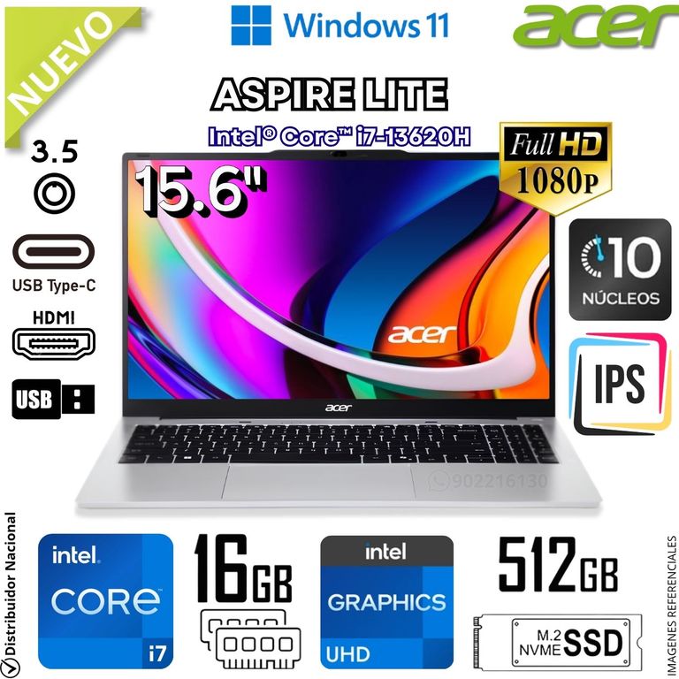 Laptop Notebook AL15-72P-7948 15.6 FHD Intel® Core™ i7-13620H 16GB DDR5 512GB SSD Gráficos Intel® UHD