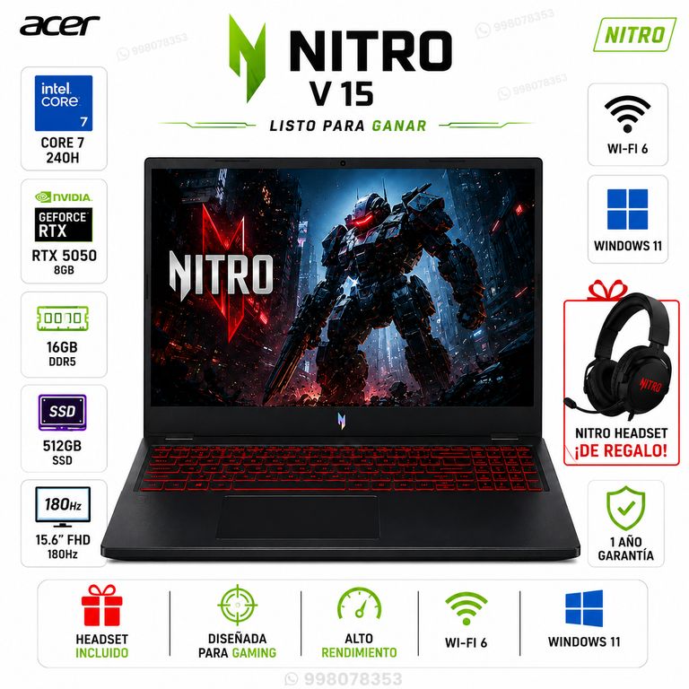 Laptop Nitro V 15 Intel Core 7 240H 16GB RAM 512GB RTX 5050 8GB 15.6″ FHD 180Hz Windows 11