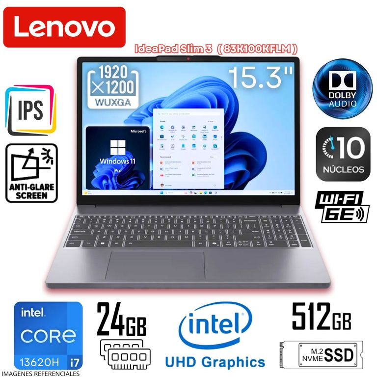 Laptop IdeaPad Slim 3 15IRH10 Intel Core i7-13620H 24GB RAM 512GB SSD 15.3" WUXGA 83K100KFLM