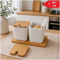 INSPIRA MARKET - Condimenteros de Cerámica con Base de Bambú Cocina Set x2