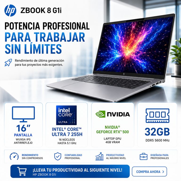 Laptop Workstation ZBook 8 G1i NVIDIA GeForce RTX 500 4GB VRAM Intel Core Ultra 7 255H 32GB DDR5 1TB SSD 16″ WUXGA