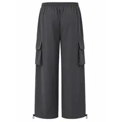 ENKI - Pantalón Cargo Tela Nova Gris Oversize Cordón Ajustable Cintura Elástica Bolsillos Laterales Hombre
