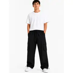ENKI - Pantalón Cargo Negro Tela Nova Hombre Oversize Wide Leg Bolsillos Laterales Moda Urbana Streetwear
