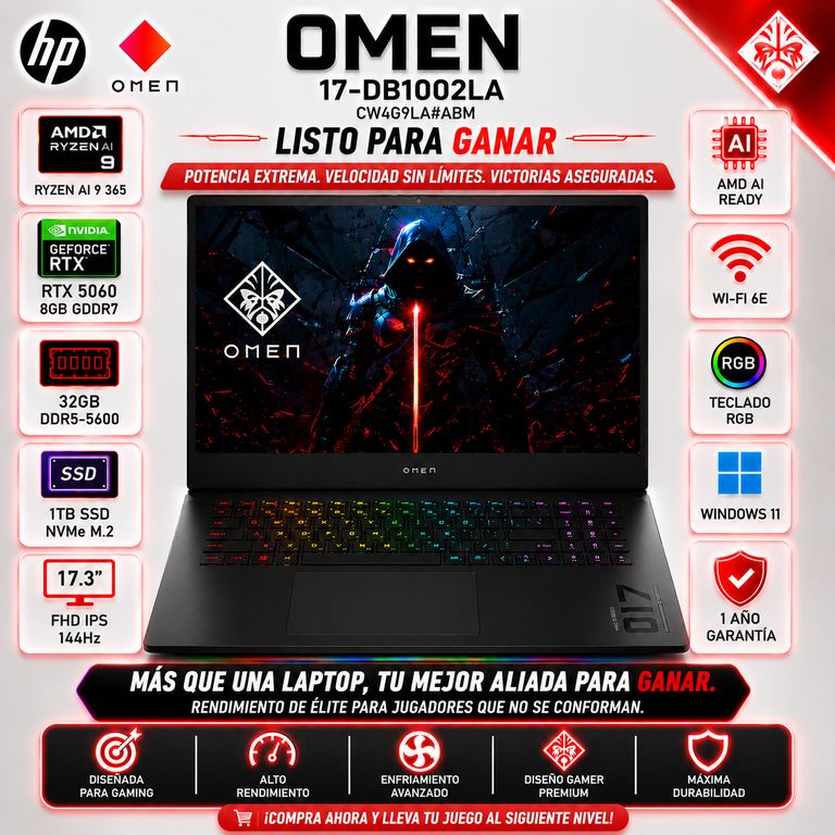 Laptop OMEN 17-DB1002LA AMD Ryzen AI 9 365 32GB DDR5 1TB SSD RTX 5060 8GB 17.3″ FHD 144Hz