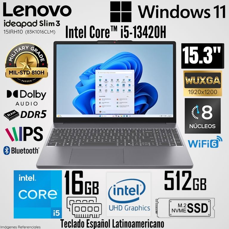 Laptop Idepad Slim 3 15IRH10 16GB RAM 512GB SSD 15.3" WUXGA Luna Grey - 83K1016CLM