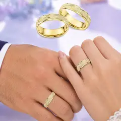 GENIEKA - ANILLOS DE BODA MATRIMONIO SHINY CROSS LINES ARO DORADO COMPROMISO ANIVERSARIO REGALO