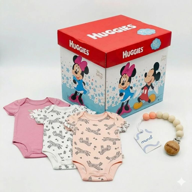 Body bebé niña pack x3 algodón zebra 6 meses + portachupón y caja de regalo