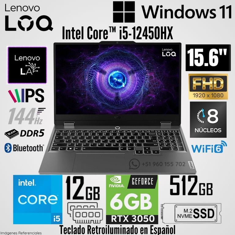 Laptop LOQ 15IAX9 Intel Core i5-12450HX 12GB RAM 512GB SSD RTX 3050-6GB 15.6" FHD 144 Hz