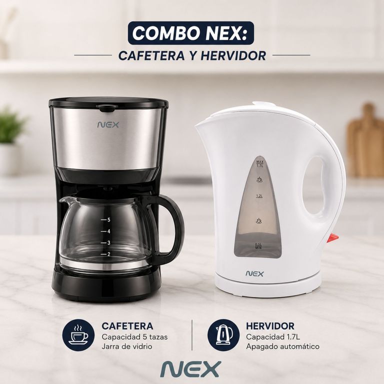 COMBO NEX: CAFETERA POR GOTEO 5 TAZAS Y HERVIDOR ELECTRICO 1.7L