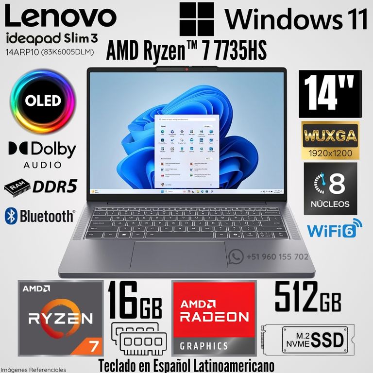 Laptop IdeaPad Slim 3 14ARP10 AMD Ryzen 7 7735HS 16GB RAM 512GB SSD 14" OLED WUXGA