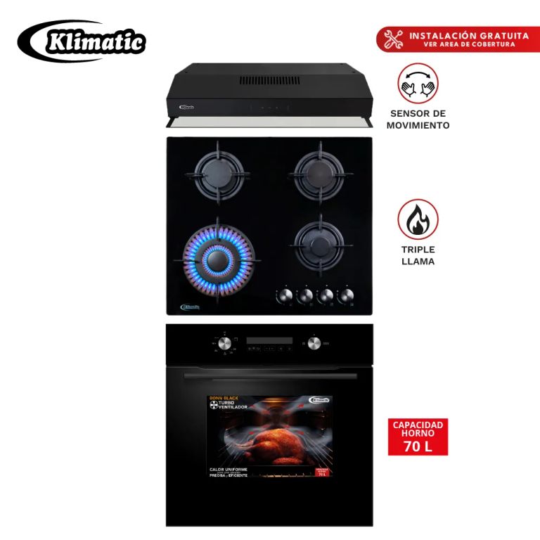 Tricombo Encimera NINA60 + Campana UTRECHT + Horno a gas BONN BLACK