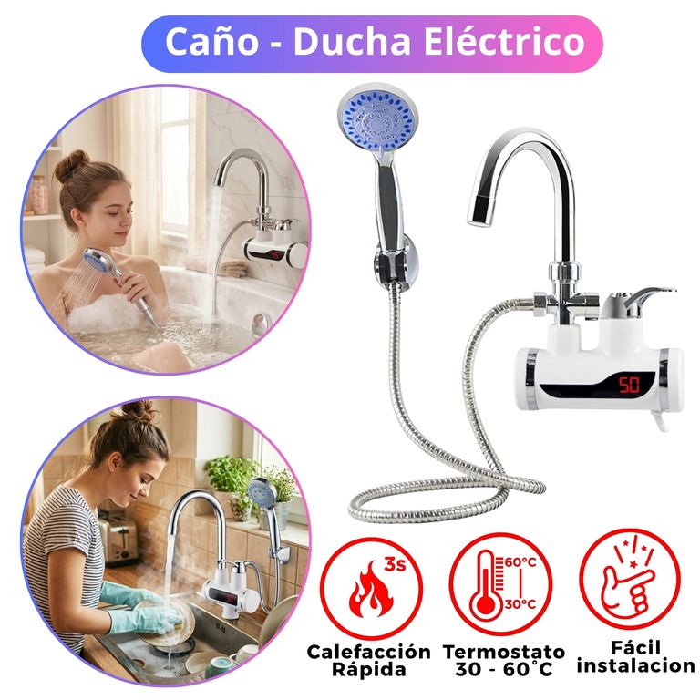 Grifo Caño Calentador de Agua Eléctrica con Rapi Ducha 2 en 1 de PARED Agua Caliente al Instante