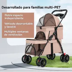 GENERICO - COCHE DOBLE PARA MASCOTAS - KHAKI - PLEGABLE Y CON PORTA VASOS