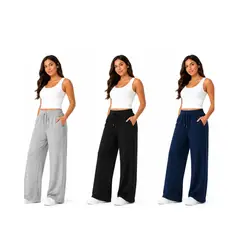 ENKI - PACK X3 PANTALÓN PALAZZO MUJER FRENCH TERRY WIDE LEG CINTURA ELÁSTICA NEGRO GRIS AZUL MARINO
