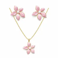 GENERICO - Set Flor Rosa con Perla Mujer Collar y Aretes Dorados Elegantes Regalo