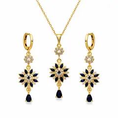 GENERICO - Set Flor Azul con Circones Mujer Collar y Aretes Dorados Elegantes Regalo