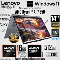 LENOVO - Laptop IdeaPad 5 2 en 1 14AKP10 AMD Ryzen AI 7 350 16GB RAM 512GB SSD 14" WUXGA Táctil