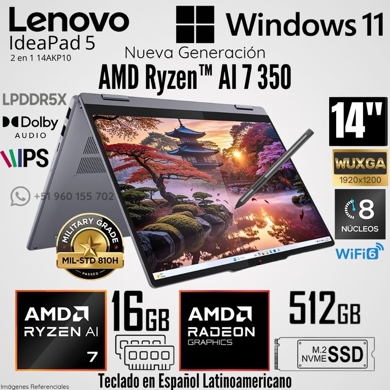 Laptop IdeaPad 5 2 en 1 14AKP10 AMD Ryzen AI 7 350 16GB RAM 512GB SSD 14" WUXGA Táctil
