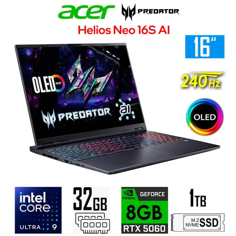 Laptop Predator Helios NEO 16 AI 8gb RTX5060 core Ultra 9-275HX Ram 32gb Ssd 1tb 16 OLED 240Hz