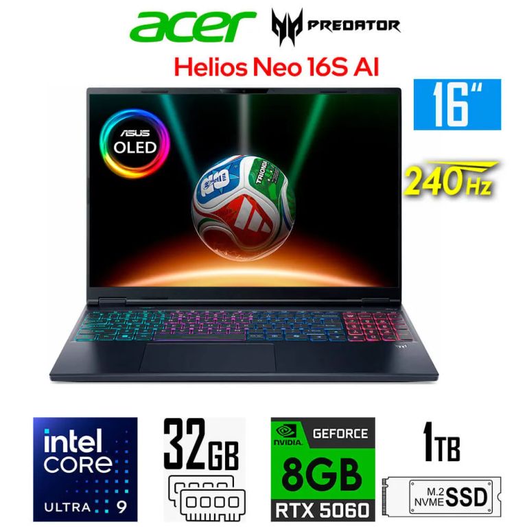 Laptop Predator Helios NEO 16 OLED 240Hz 8gb RTX5060 core Ultra 9-275HX Ram 32gb Ssd 1tb