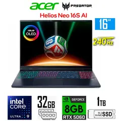 ACER - Laptop Predator Helios NEO 16 OLED 240Hz 8gb RTX5060 core Ultra 9-275HX Ram 32gb Ssd 1tb
