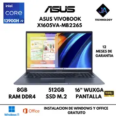 ASUS - LAPTOP VIVOBOOK X1605VA-MB2265 CORE I9-13900H 8GB RAM 512GB SSD 16" WUXGA FREEDOS