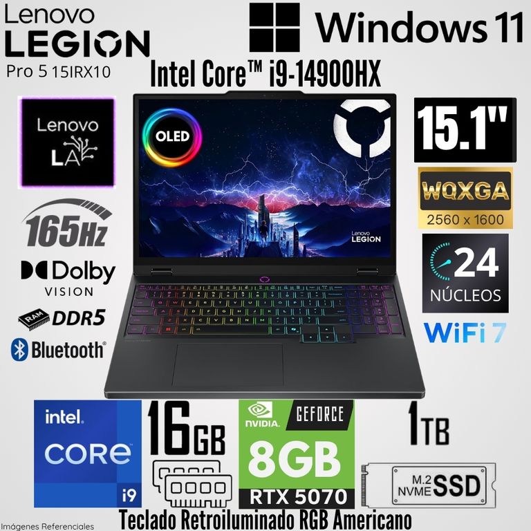 Laptop Legion 5 15IRX10 Intel Core i9-14900HX 16GB RAM 1TB SSD RTX 5070-8GB 15.1" OLED WQXGA