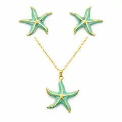 GENERICO - Set Estrella de Mar Turquesa Collar y Aretes Mujer Acero Inoxidable Dorado