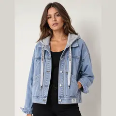 BENCUS JEANS - Casaca Jean Mujer Oversize Denim Azul Capucha Gris Diseño Asimétrico Exclusivo