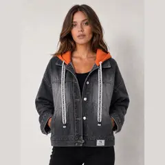 BENCUS JEANS - Casaca Jean Mujer Oversize Gris Plomo Capucha Naranja Efecto Focalizado & Asimétrico