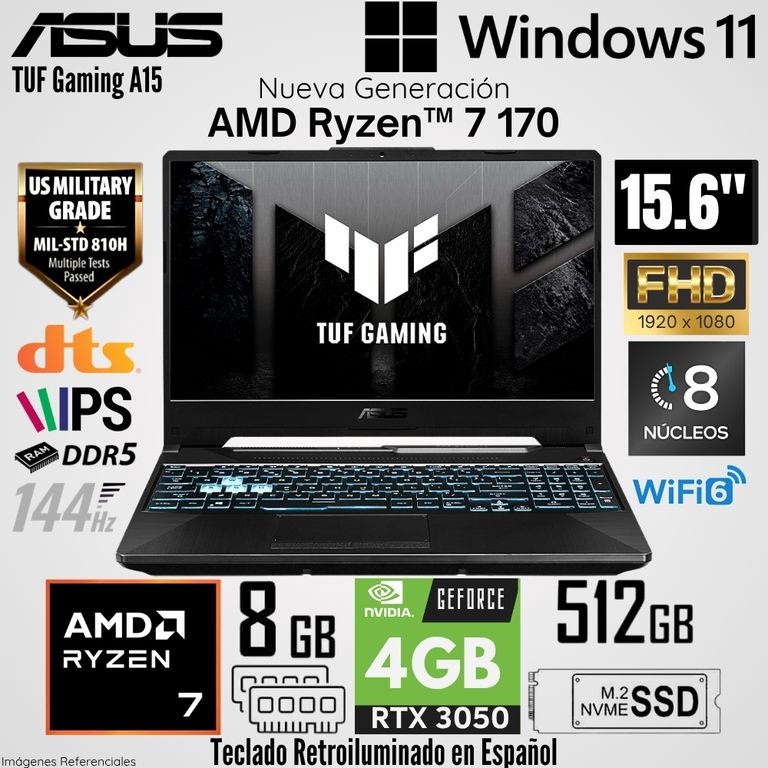 Laptop TUF Gaming A15 FA506NCQ-HN078 AMD Ryzen 7 170 8GB RAM 512GB SSD RTX 3050-4GB 15.6" FHD