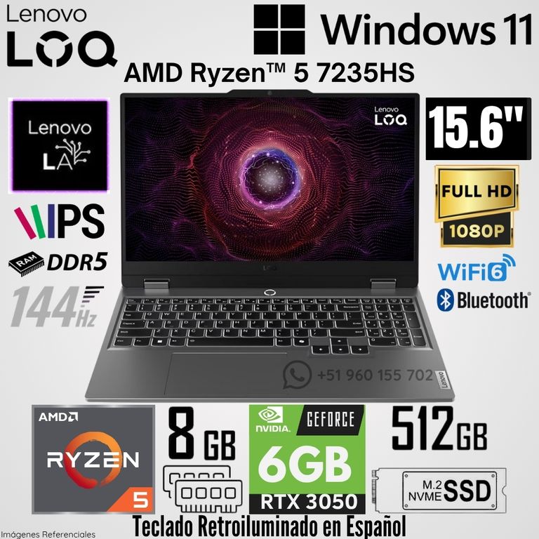 Laptop LOQ 15ARP9 AMD Ryzen 5 7235HS 8GB RAM 512GB SSD RTX 3050-6GB 15.6" FHD 144Hz