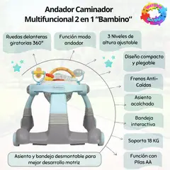 BAMBINO - ANDADOR CAMINADOR MULTIFUNCIONAL 2 EN 1 " BAMBINO" - CELESTE - MARCA ITALIANA
