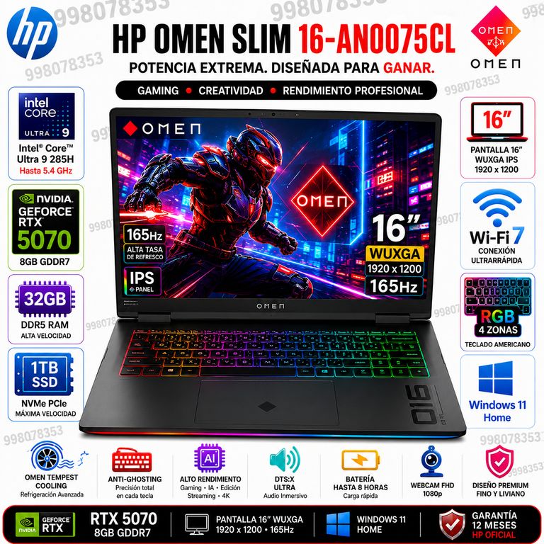 Laptop OMEN Slim 16-AN0075CL Intel Core Ultra 9 285H 32GB RAM 1TB RTX 5070 8GB 16" WUXGA W11