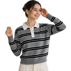 GENERICO - Chompa Camisero Mujer Rosg-25 Triple Raya Hilo Tacto Algodon Plomo Rayas Negras