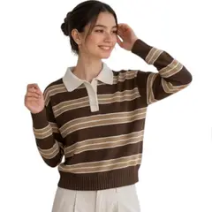 GENERICO - Chompa Camisero Mujer Rosg-25 Triple Raya Hilo Tacto Algodon Chocolate Rayas Carton